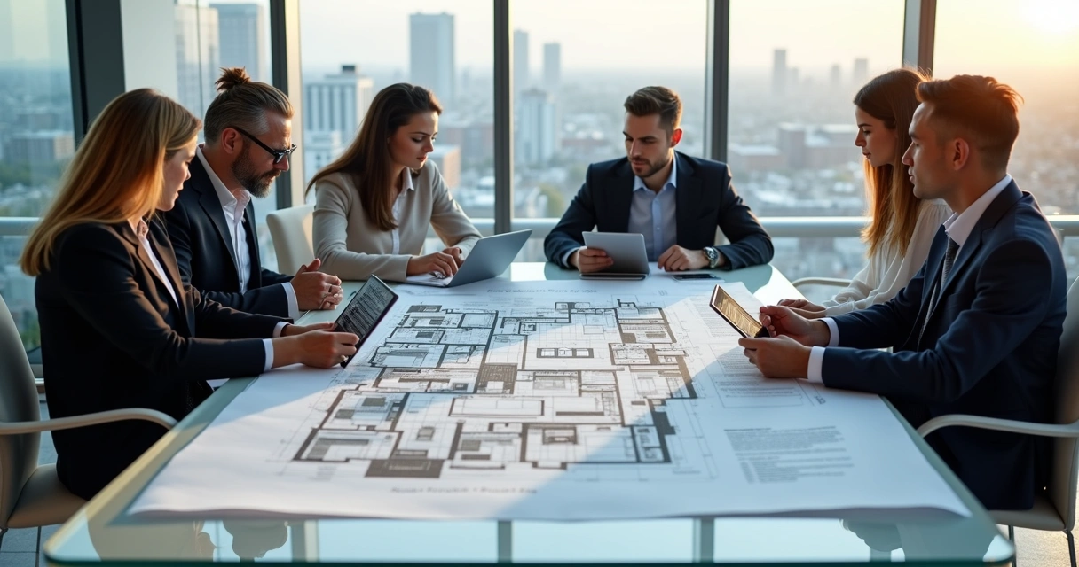 Treinamento de corretores em sala moderna com planta de apartamento aberta sobre a mesa 