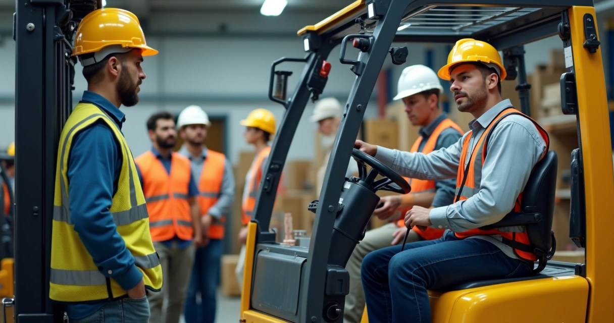 Colaboradores em treinamento de empilhadeira em ambiente industrial 