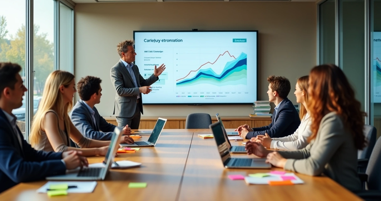 Diretora escolar apresenta painel digital de matrículas para equipe em sala de reunião moderna 