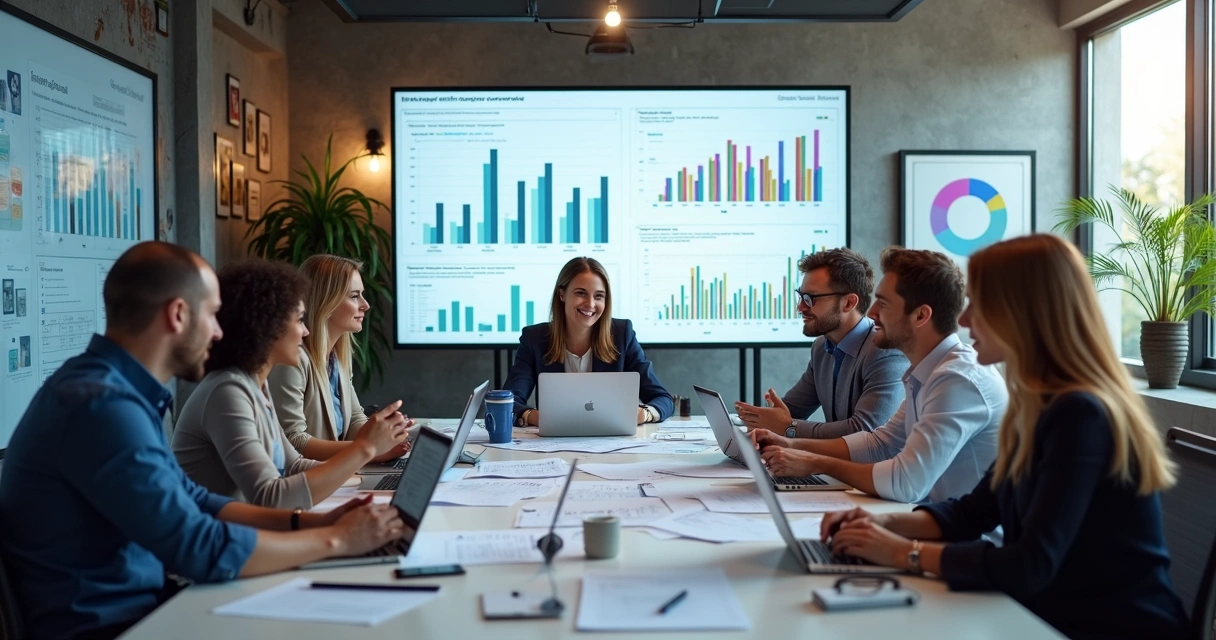 Equipe de marketing educacional analisando gráficos de conversão em telas de computador 