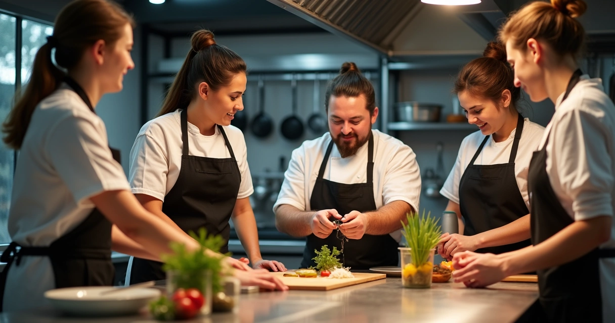 Equipe de restaurante em treinamento com ingredientes e balança 