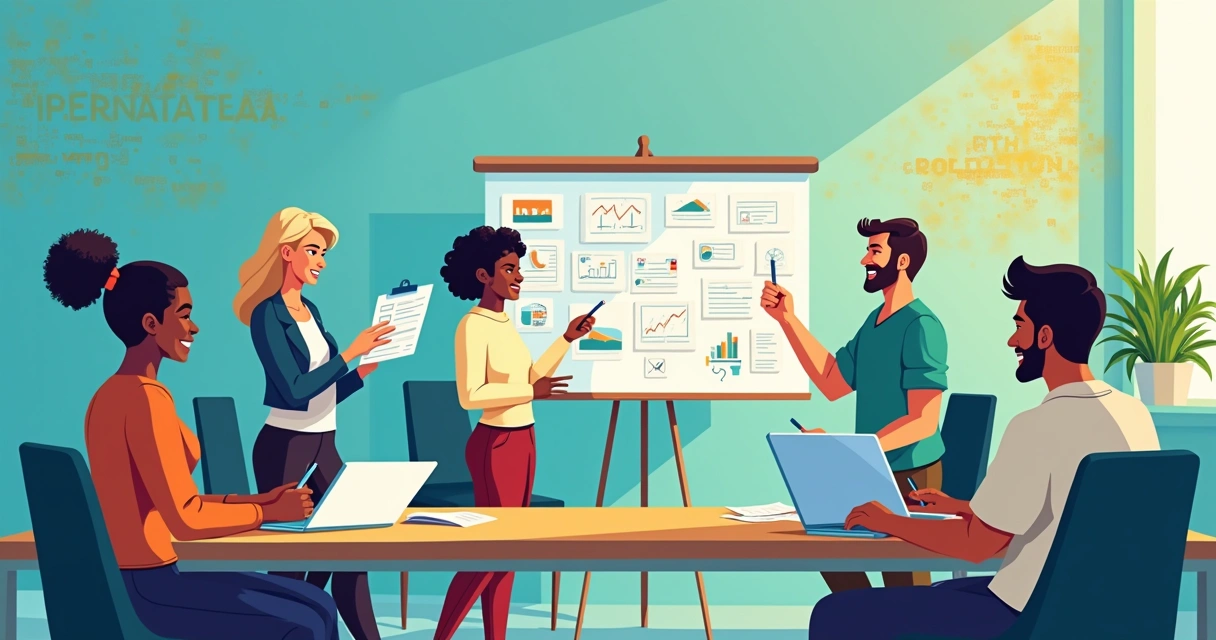 Equipe diversificada em uma sala de treinamento, discutindo comunicação, tecnologia e gestão em um ambiente vibrante.