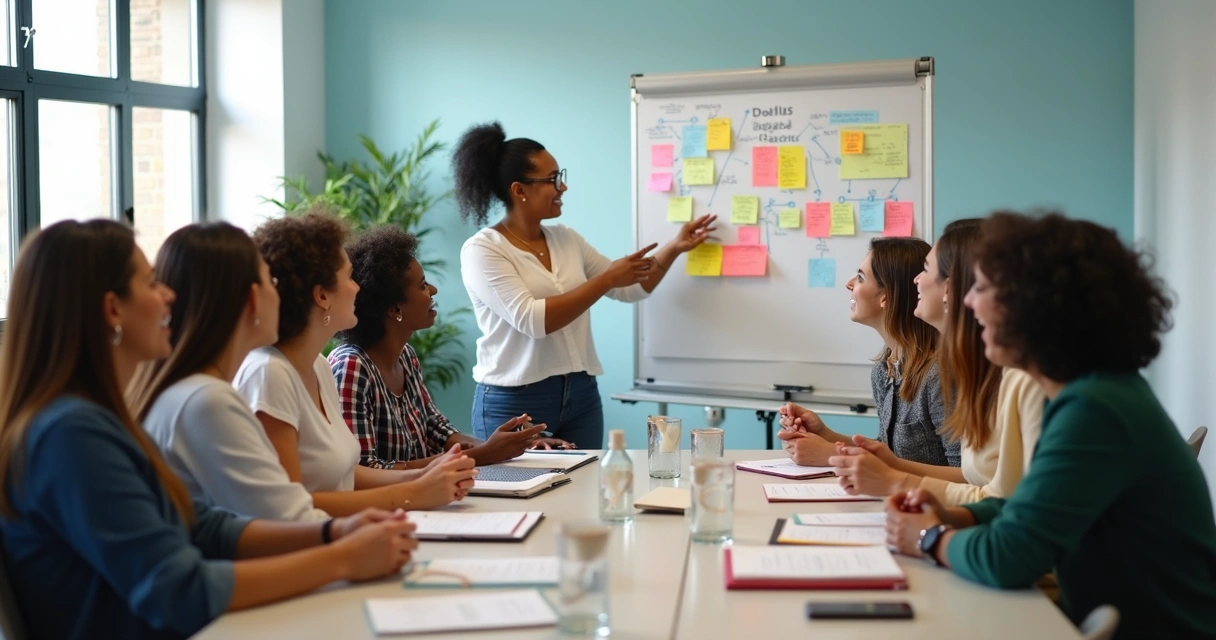 Grupo de mulheres aprendendo juntas em workshop de inovação