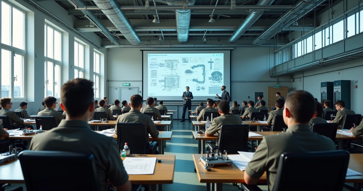 Trabalhadores em treinamento industrial em uma sala de aula moderna