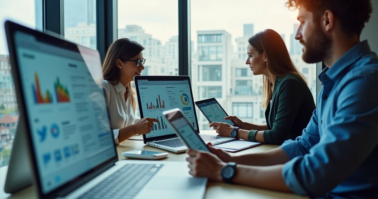 Equipe de corretores analisando canais de captação de leads em vários dispositivos 