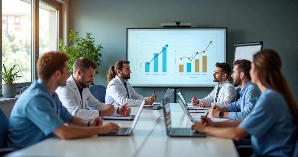 Equipe de clínica médica em treinamento de marketing e atendimento 