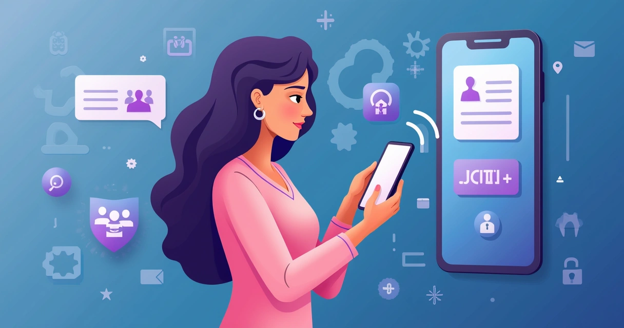 Mulher usando aplicativo em smartphone para filiação, com fundo de símbolos digitais