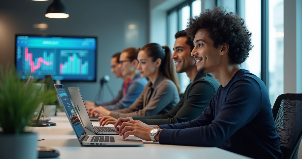 Profissionais realizando capacitação online em computadores