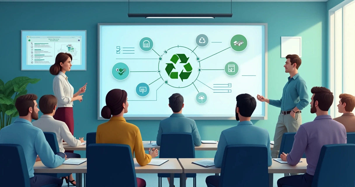 Sala de aula virtual com instrutor e participantes reunidos em torno de telas com gráficos e ícones de reciclagem 