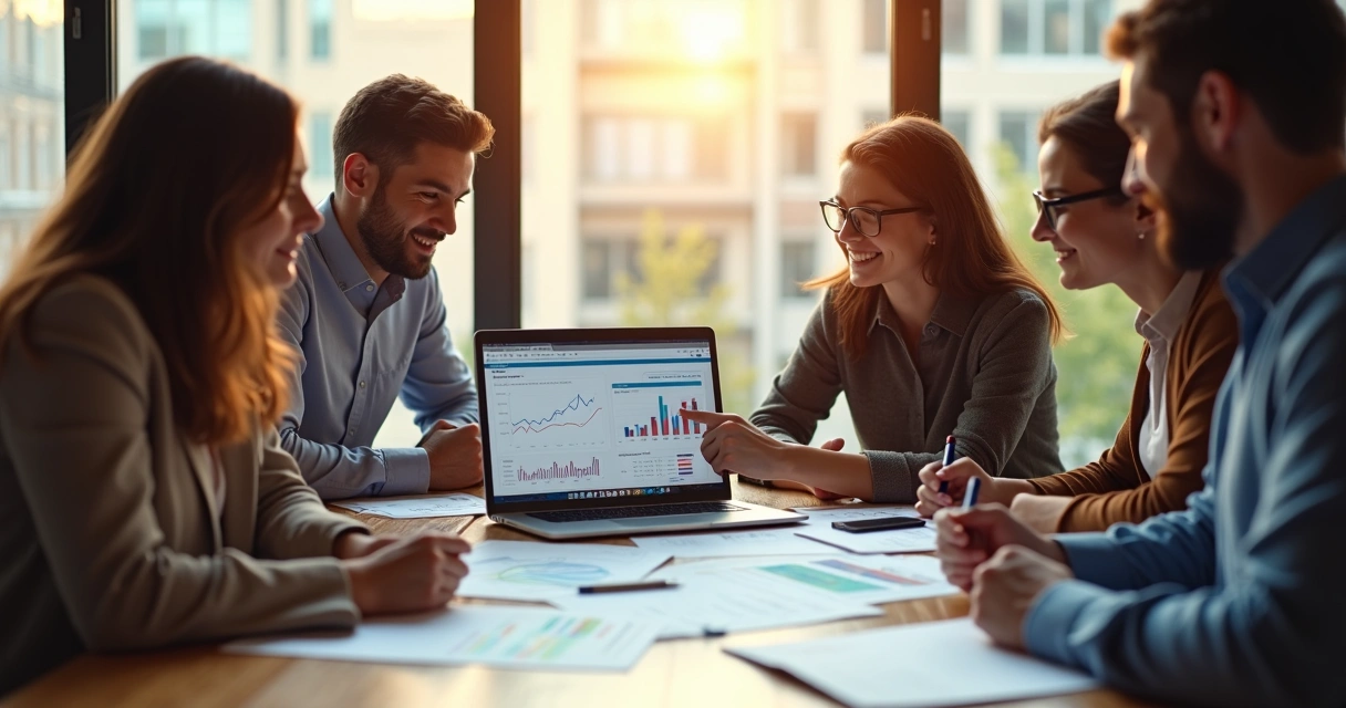 Círculo de pessoas ao redor de uma mesa, analisando gráficos e planilhas digitais em um notebook, em ambiente moderno de escritório 