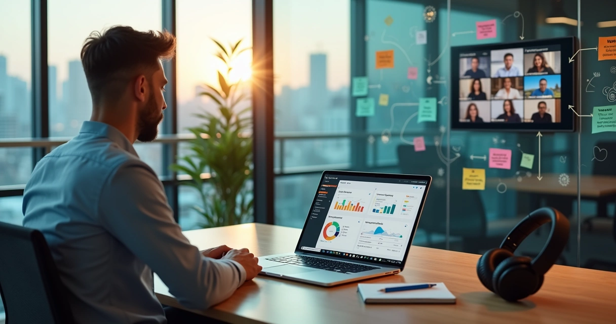 Profissional de tecnologia em reunião híbrida conectando dados e pessoas 