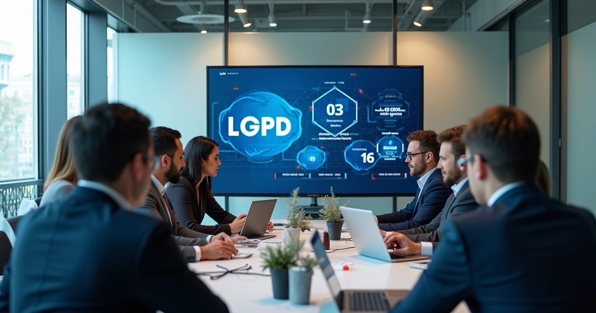 Equipe de TI realizando treinamento sobre LGPD em sala de reunião