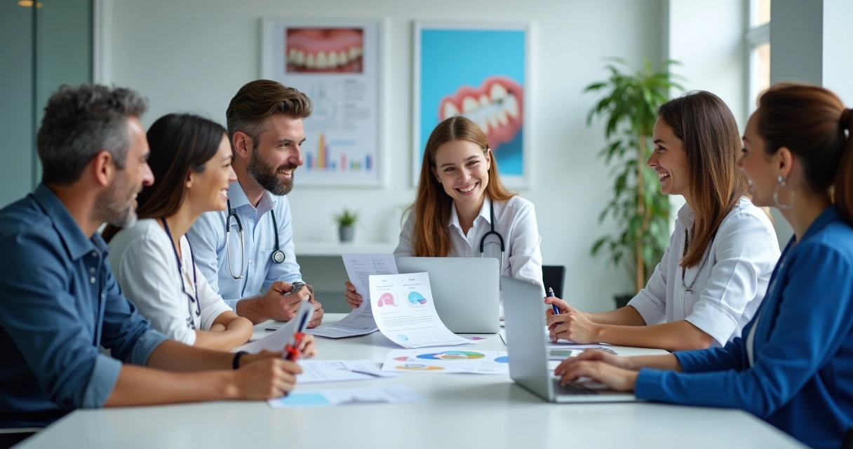Equipe de clínica odontológica analisando resultados digitais juntos