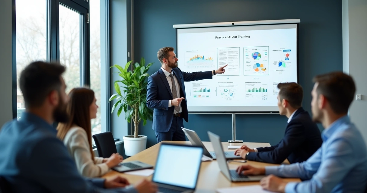 Colaboradores de empresa em treinamento prático de IA 