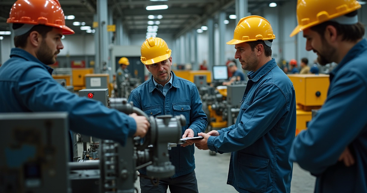 Equipe industrial em treinamento prático, instrutor orientando manutenção em equipamento