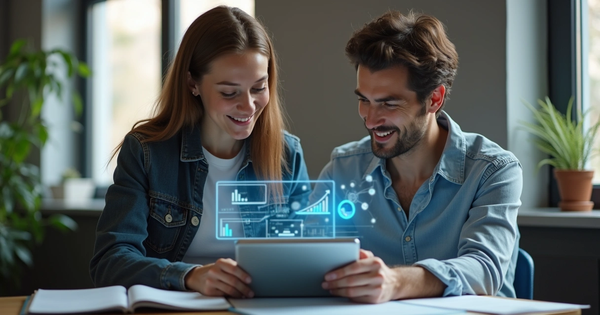 Duas pessoas aprendendo tecnologia com tablet 
