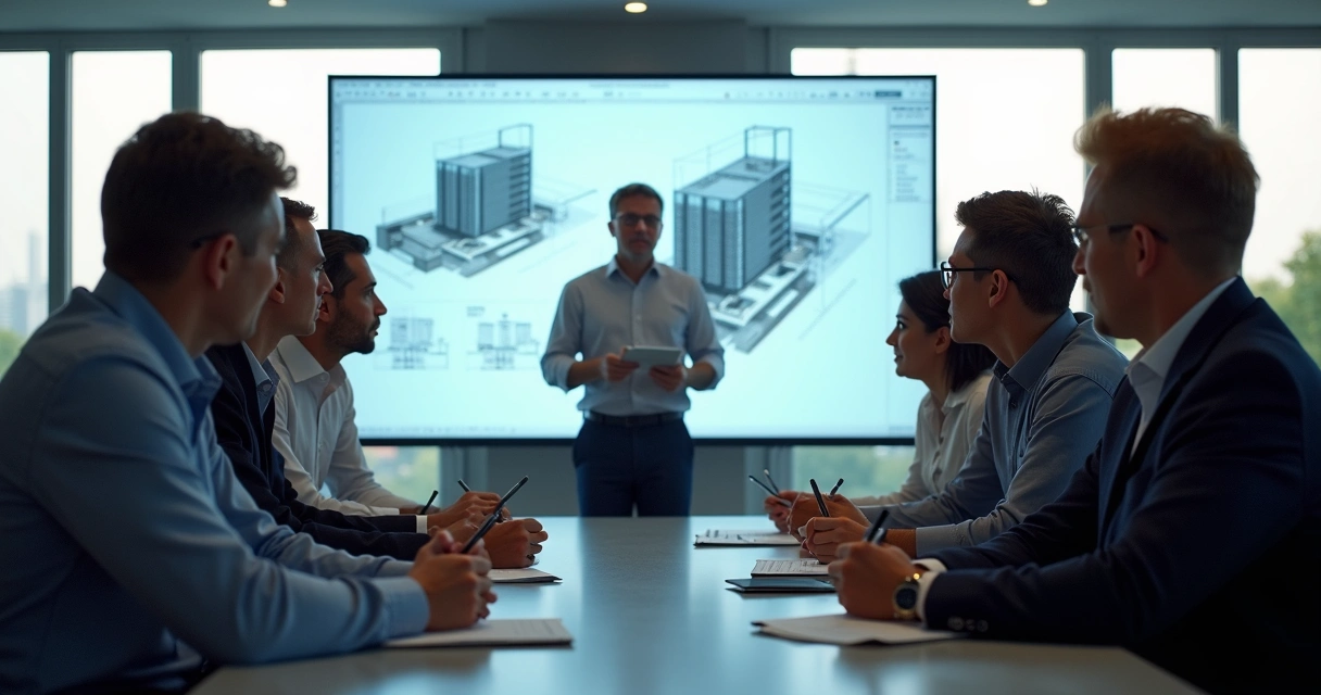 Equipe de engenheiros em sala de treinamento com apresentação técnica 
