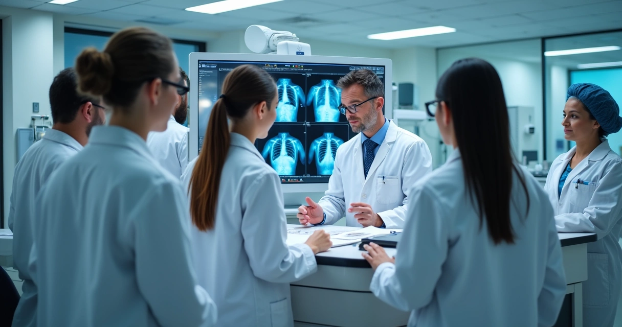Profissionais de radiologia praticando em laboratório com equipamentos de diagnóstico por imagem 