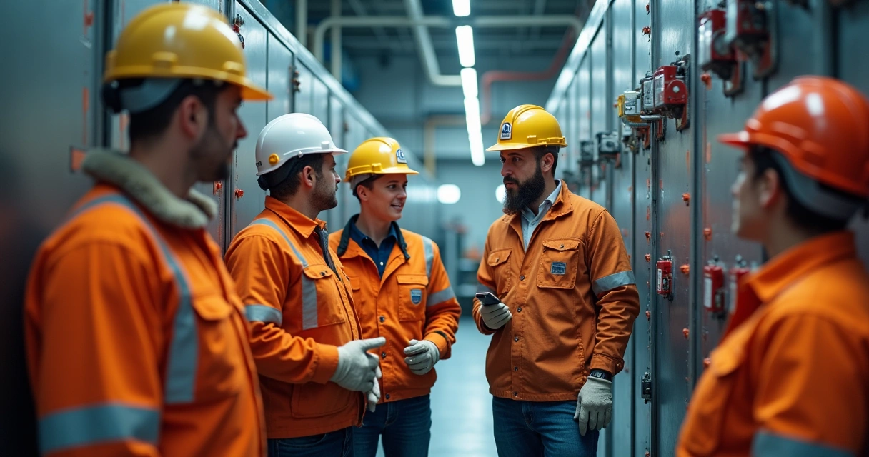 Equipe industrial em treinamento prático de bloqueio e etiquetagem 