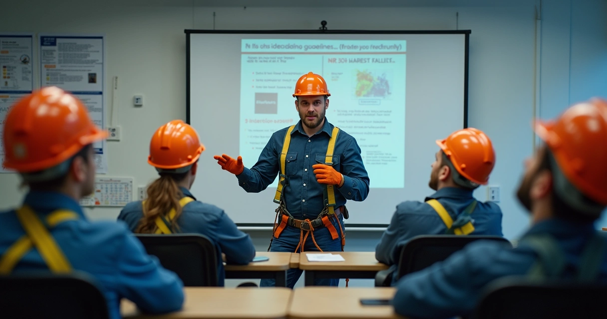 Instrutor demonstra uso de cinturão de segurança para alunos em sala de treinamento teórico e prático. 