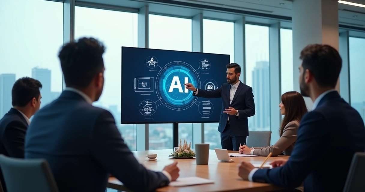 Treinamento de equipe para adoção de IA, com apresentação de painéis digitais 