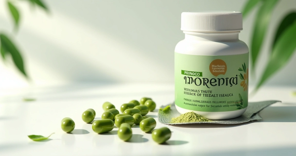 Cápsulas de moringa organizadas ao lado do pote do produto