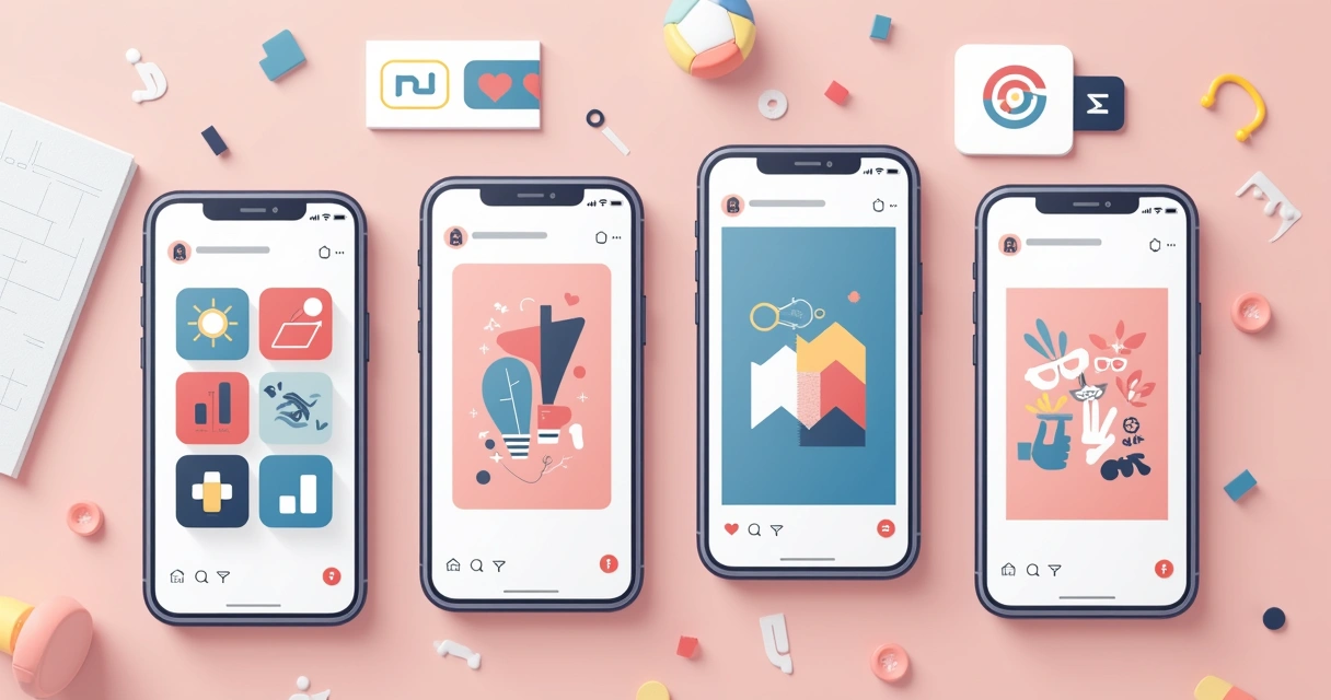 Ilustração corporativa plana com telas de celular mostrando capas personalizadas de destaque do Instagram, alinhadas à identidade visual da marca, com elementos gráficos de design e ícones de engajamento 