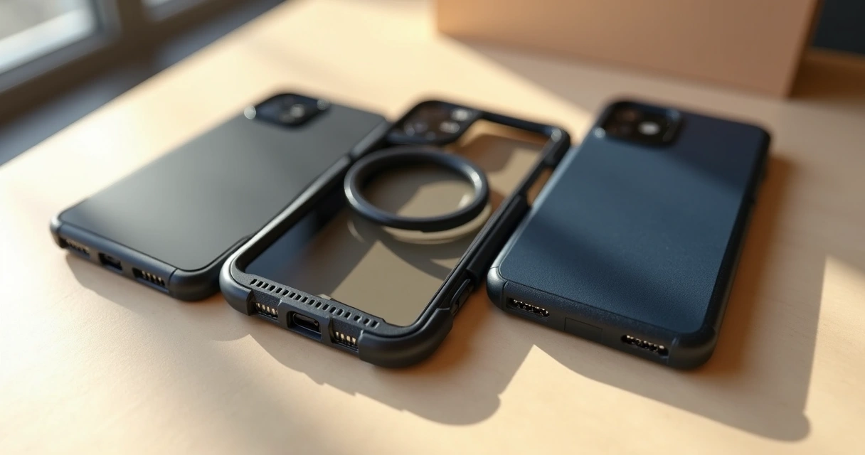 Capas premium para smartphone sobre mesa clara