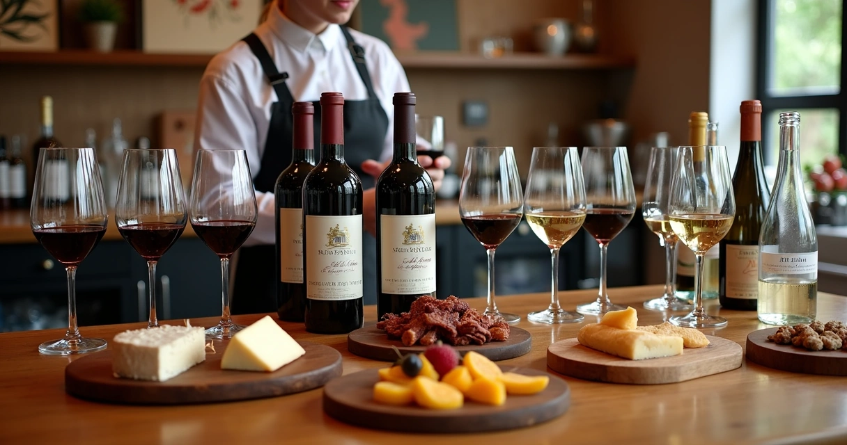 Wine tasting with South African bottles and food pairings on wooden bar 