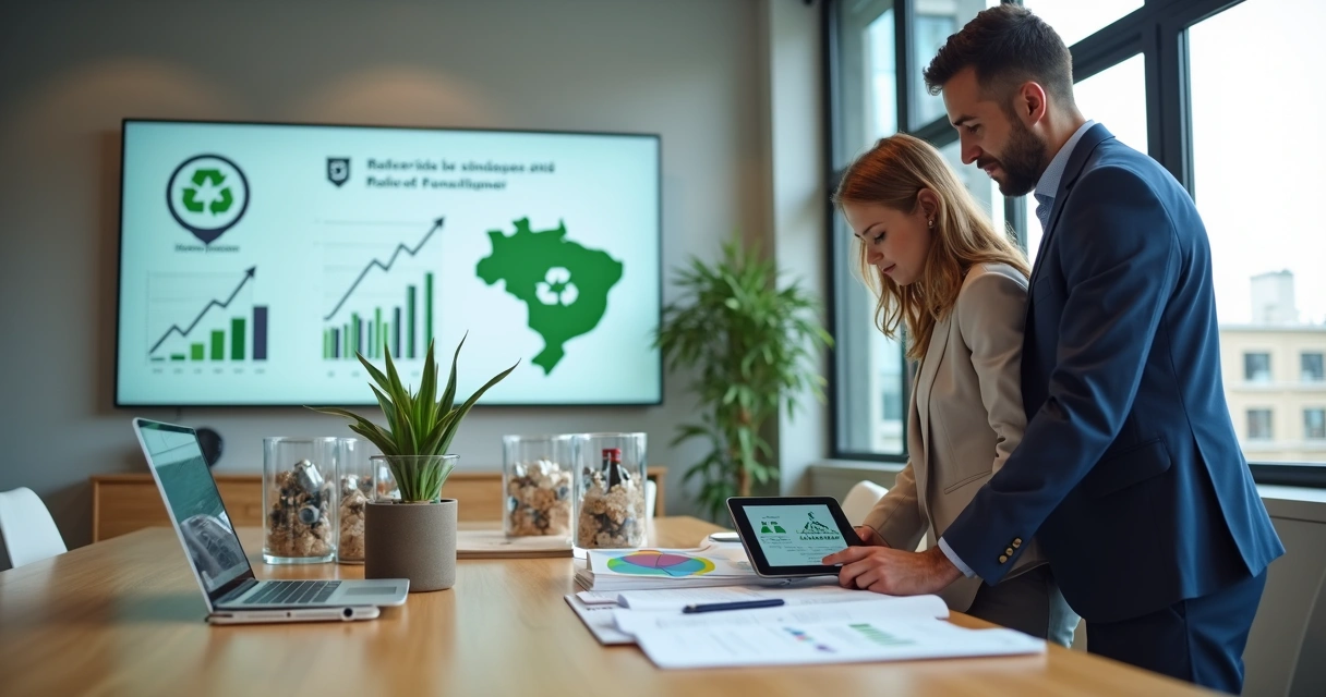 Empresário e gestora ambiental analisando projeto de reciclagem com gráficos de impacto e resíduos recicláveis ao fundo 