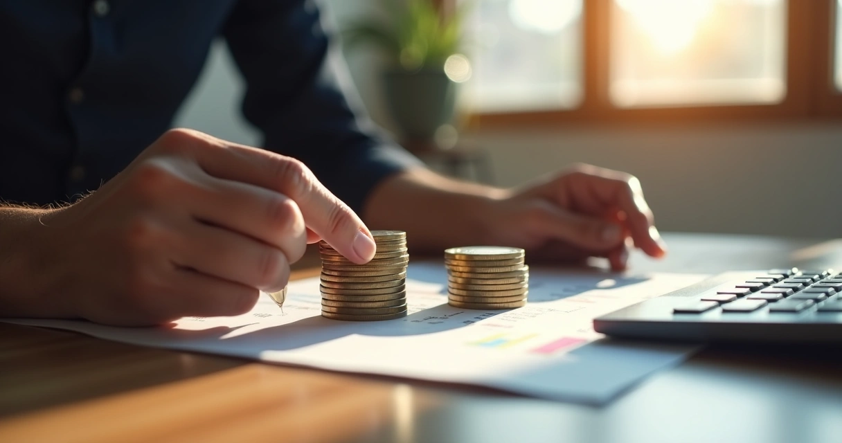 Mãos empilhando moedas douradas sobre planilha 