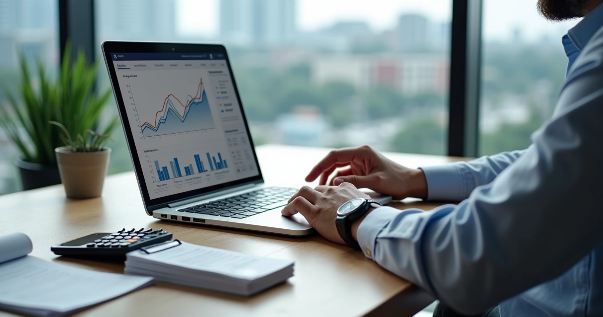 Empresário analisando capital de giro em laptop com gráficos e fluxo de caixa 