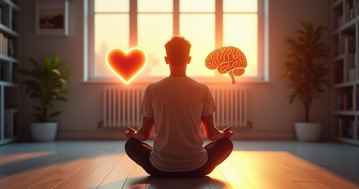 Persona meditando con un corazón luminoso y un cerebro conectados por luz 