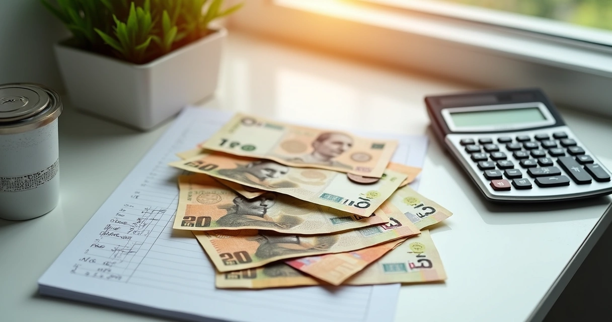 Notas e moedas sobre mesa e calculadora ao lado 