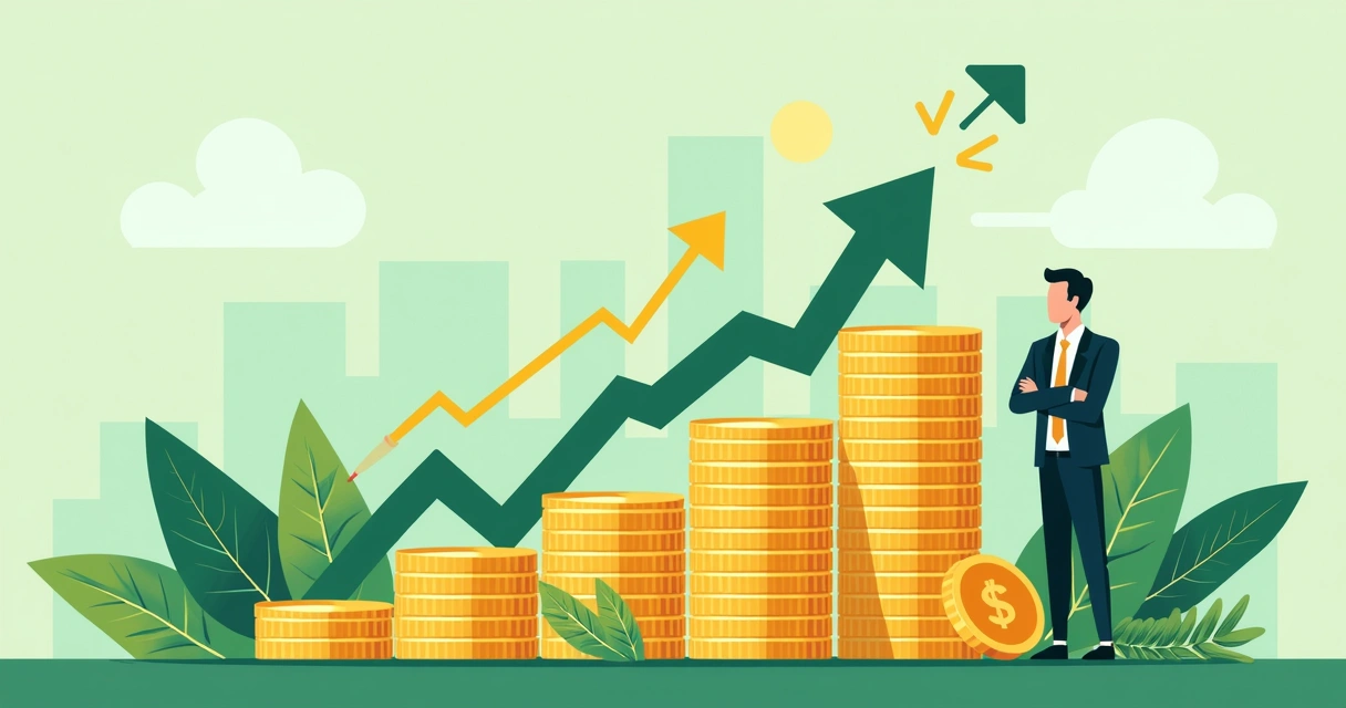 Moedas, notas e gráficos indicando crescimento do capital de giro. 