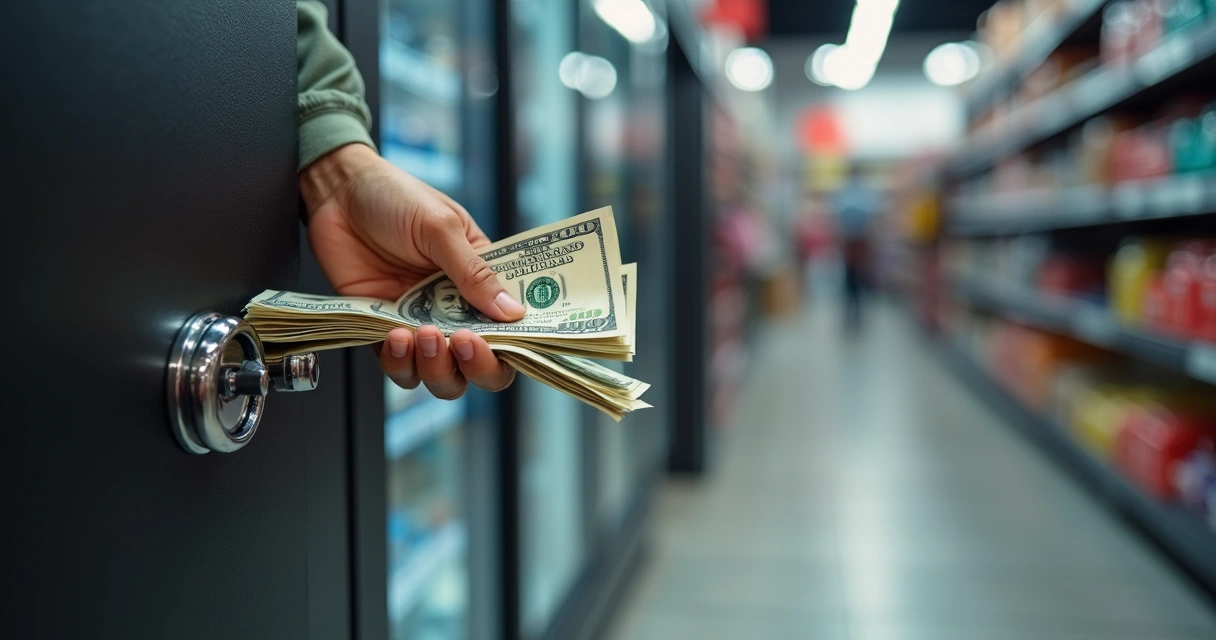 Dinheiro em espécie sendo colocado em um cofre de loja varejista 