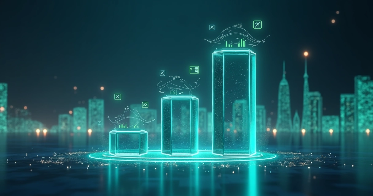Gráficos financeiros 3D subindo em forma de pilares representando capital mínimo exigido 