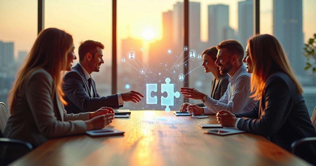 Grupo diverso de profissionais conectando peças de quebra-cabeça em forma de rede 