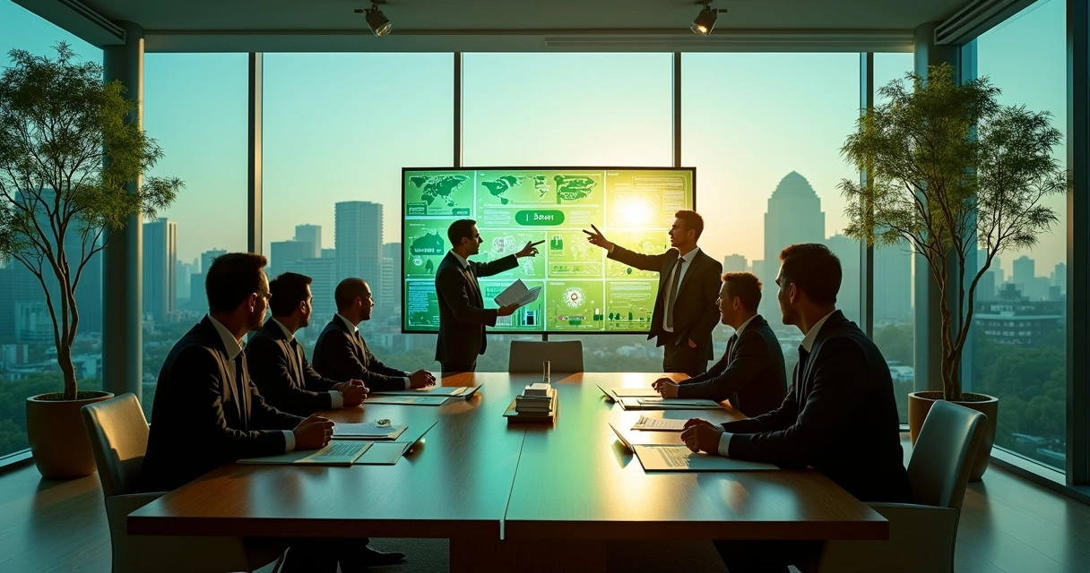 Executivos analisando gráficos de sustentabilidade em sala de reunião moderna 