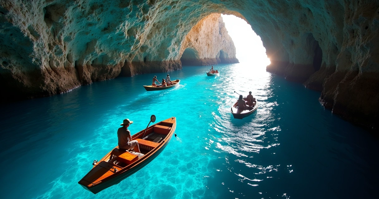 Barquinhos nas águas da Gruta Azul em Capri 