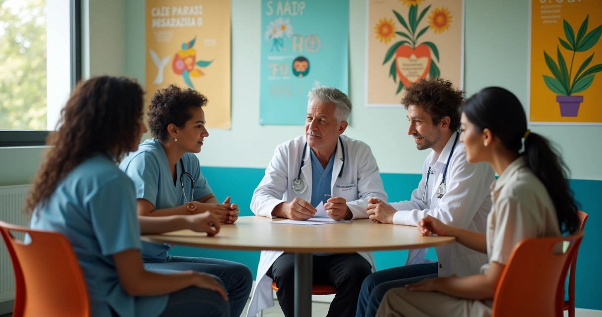 Equipe multidisciplinar em Centro de Atenção Psicossocial conversando com paciente