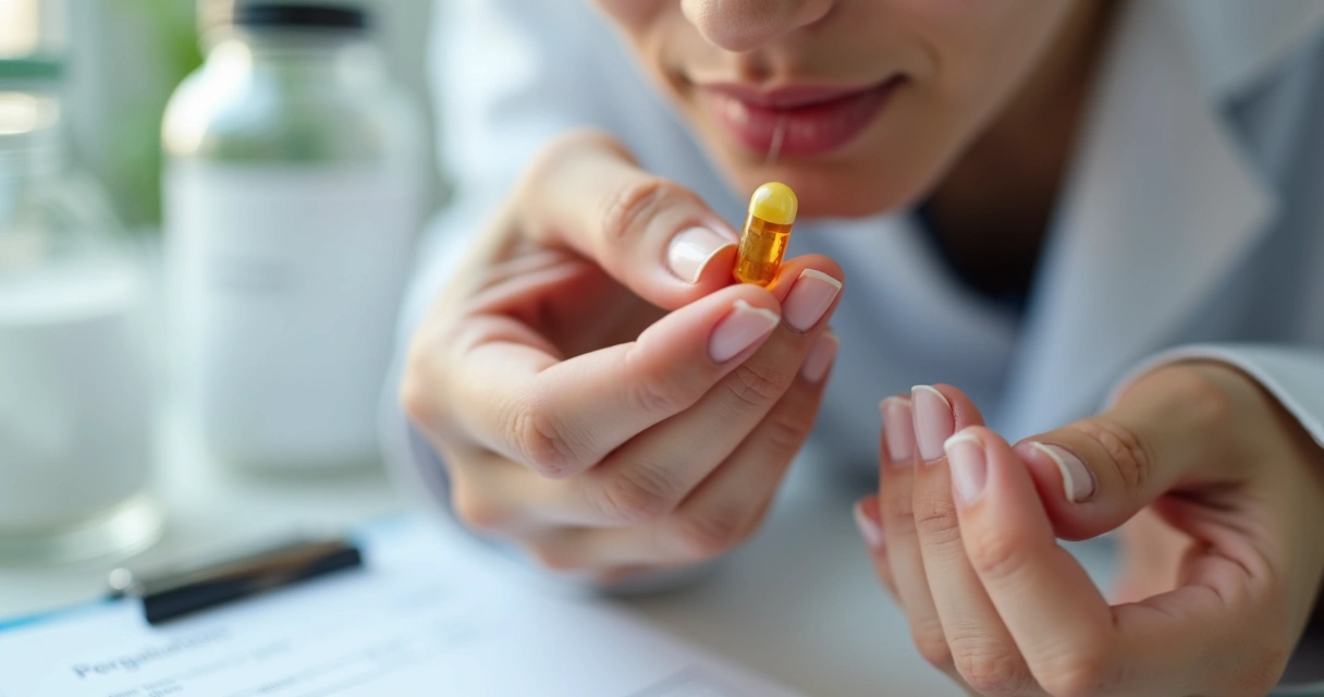 Cápsula sublingual nas mãos perto da boca