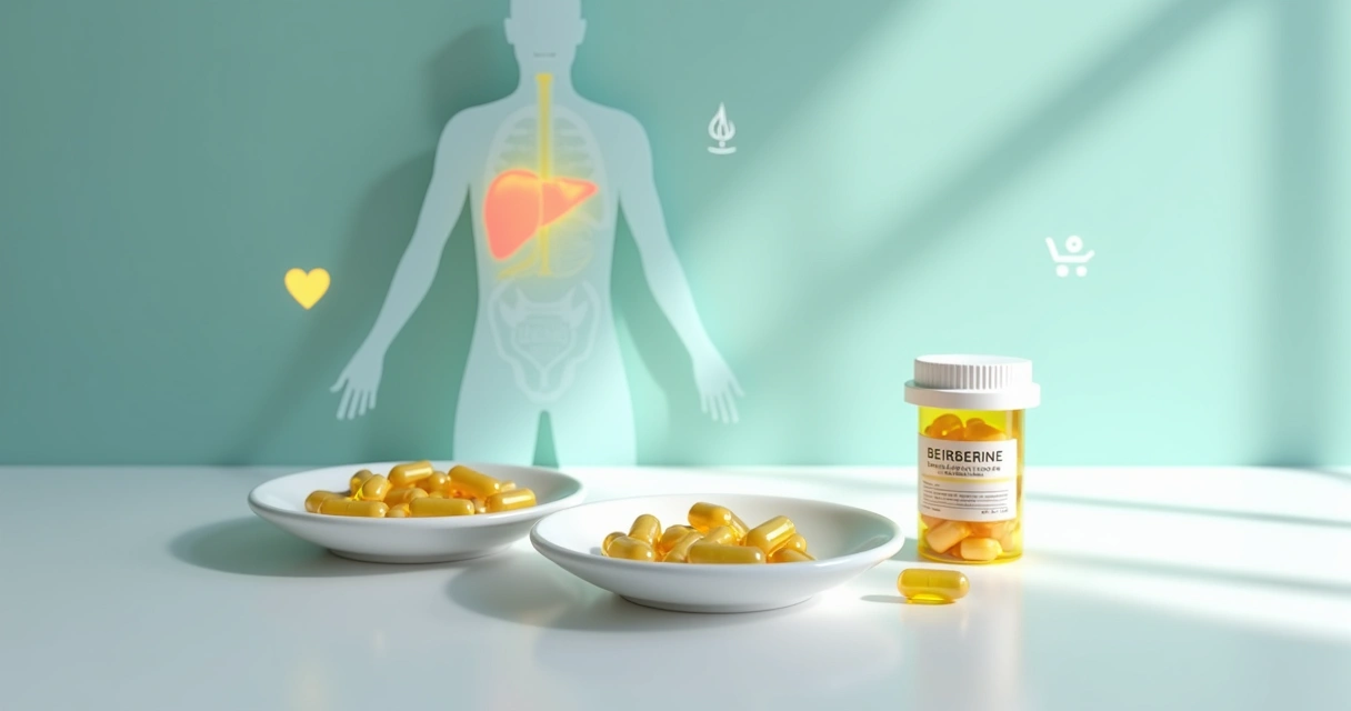 Cápsulas manipuladas de berberina sobre prato branco com ilustração de metabolismo e coração ao fundo 