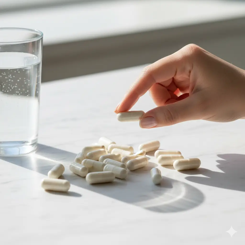 Mão segurando uma cápsula branca perto de várias cápsulas sobre uma superfície branca e um copo de água ao lado