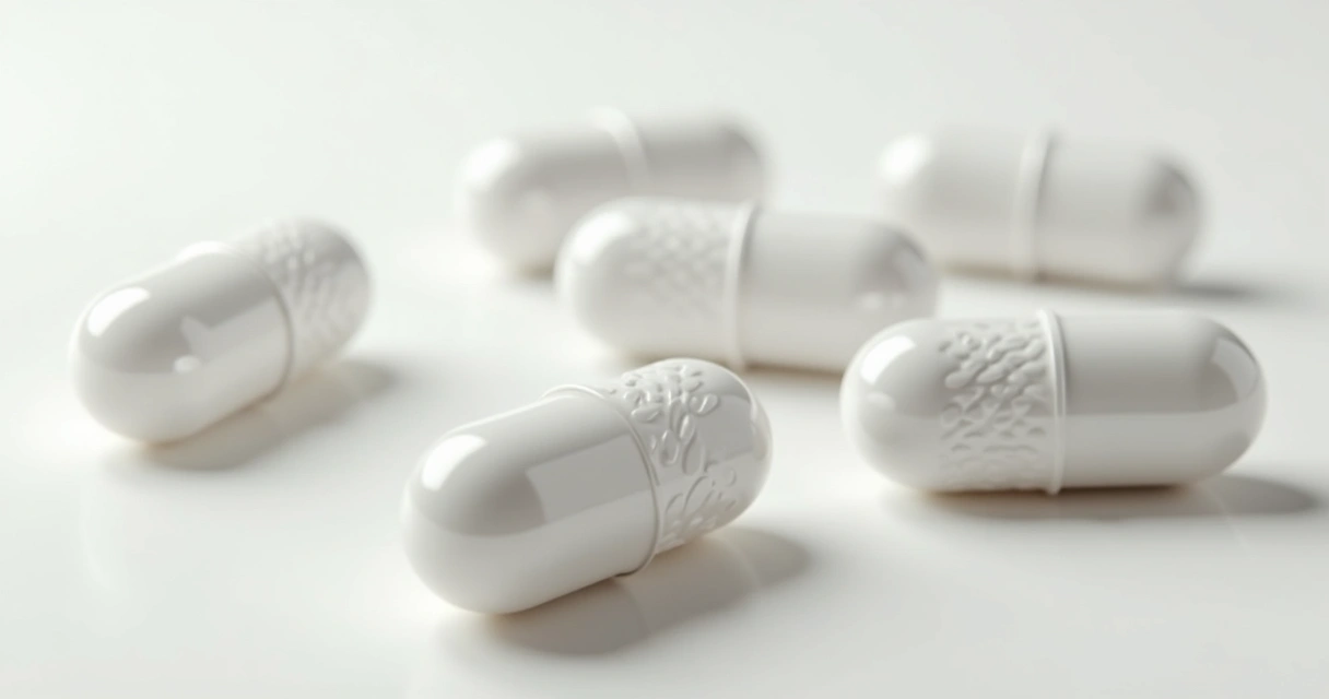 Cápsulas brancas de probióticos vistas de perto em fundo neutro 