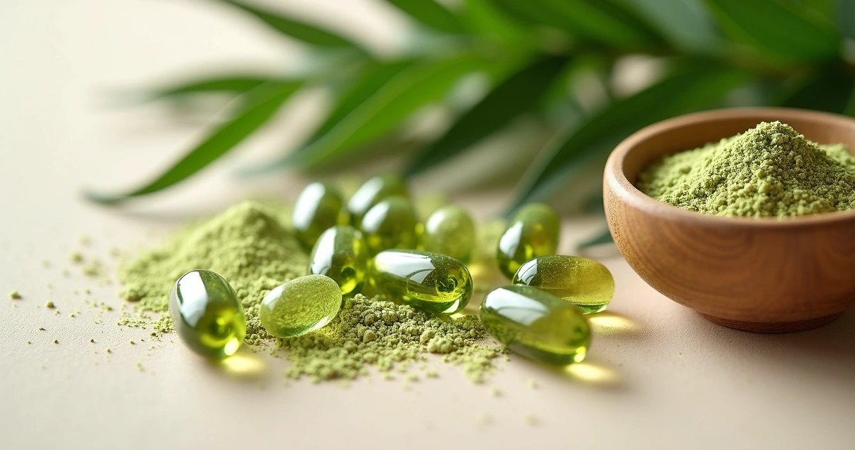 Cápsulas de moringa ao lado de folhas secas em superfície clara 