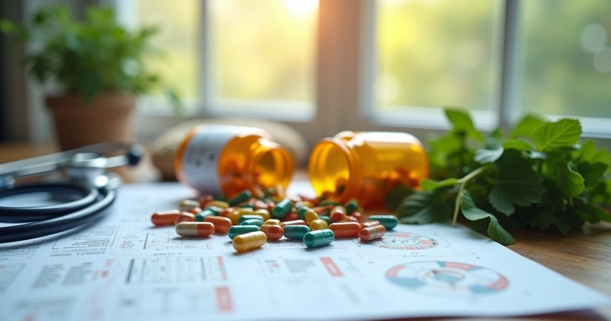 Cápsulas coloridas, frascos de ervas e artigos científicos em mesa