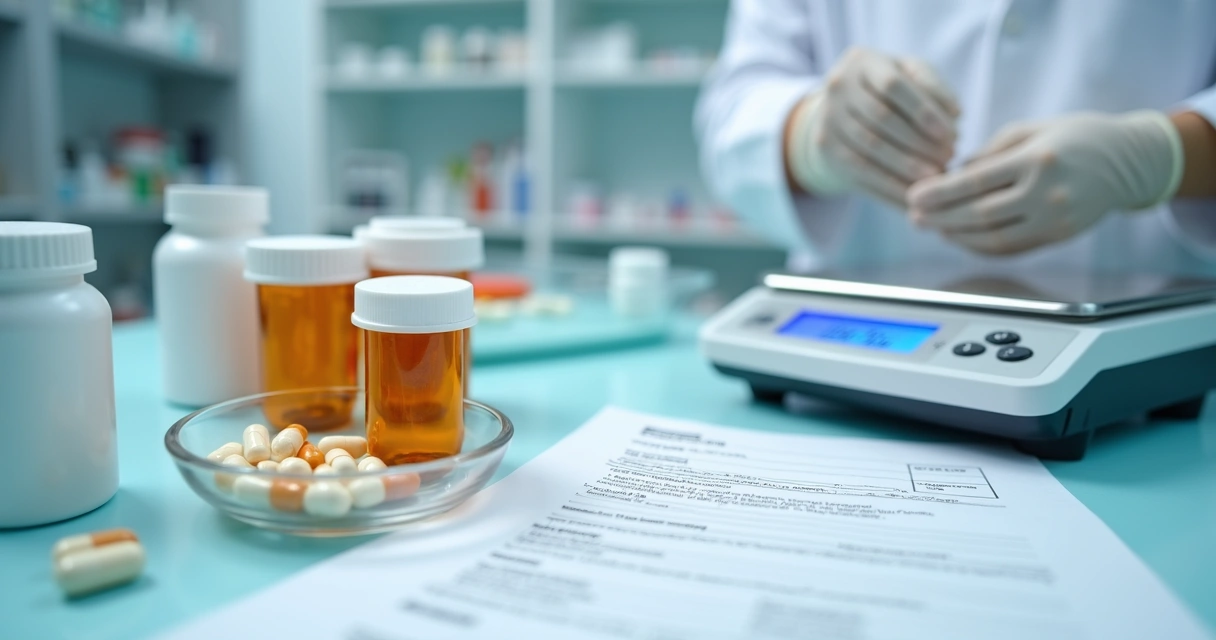 Cápsulas manipuladas e frasco em bancada farmacêutica 