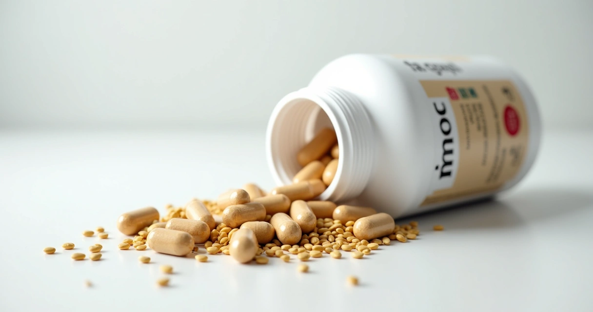 Pote branco de suplemento com cápsulas de feno-grego e sementes ao lado em superfície branca clara 