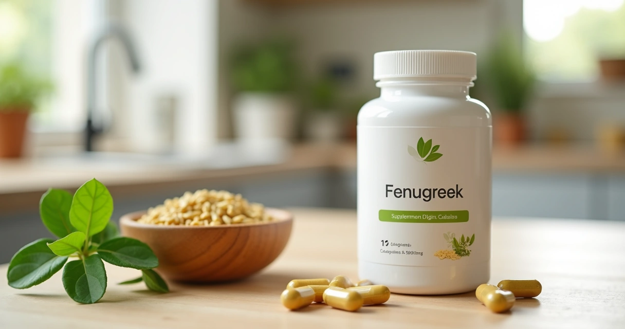 Frasco de cápsulas de feno grego ao lado de sementes e erva natural sobre bancada de madeira 